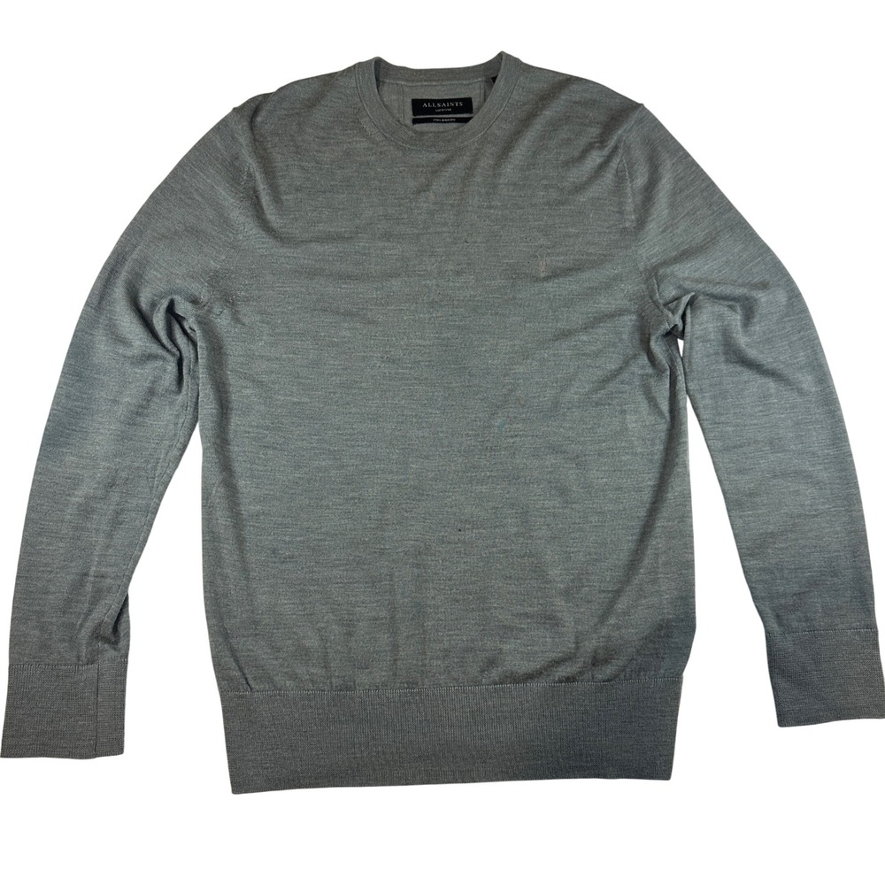 AllSaints Wool Sweater‎ Mens Medium Gray 100% Merino Wool Crew Neck Logo Casual